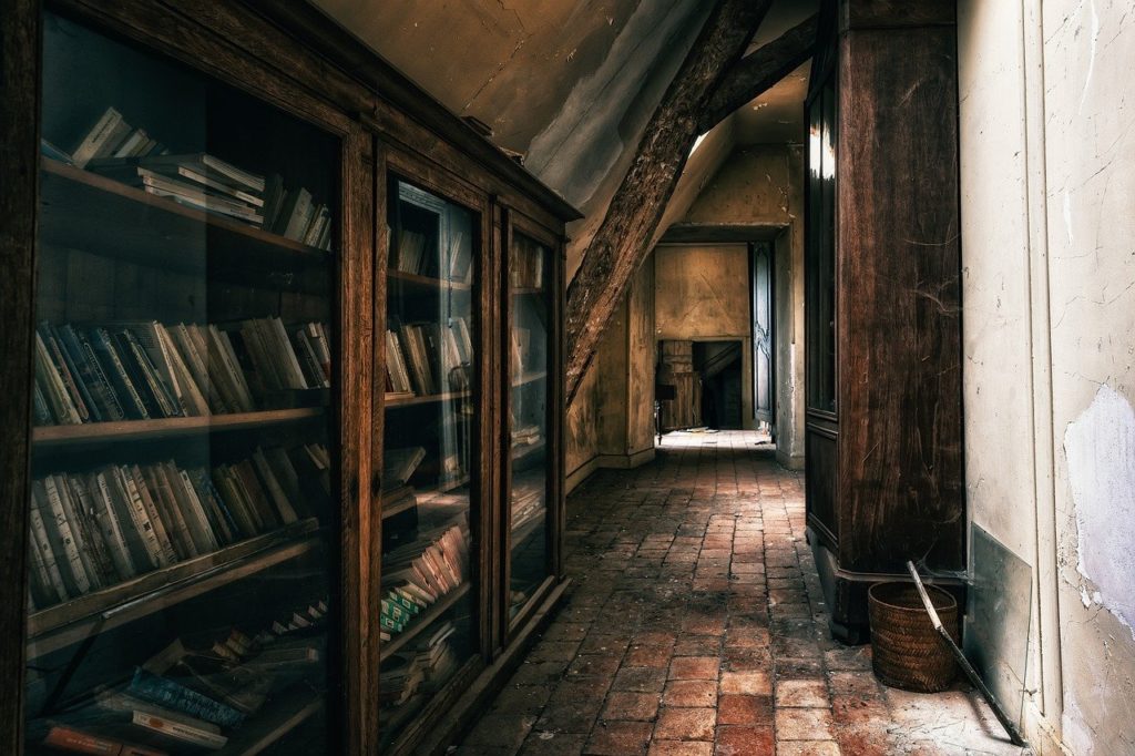 hallway, library, abandoned house-6578797.jpg